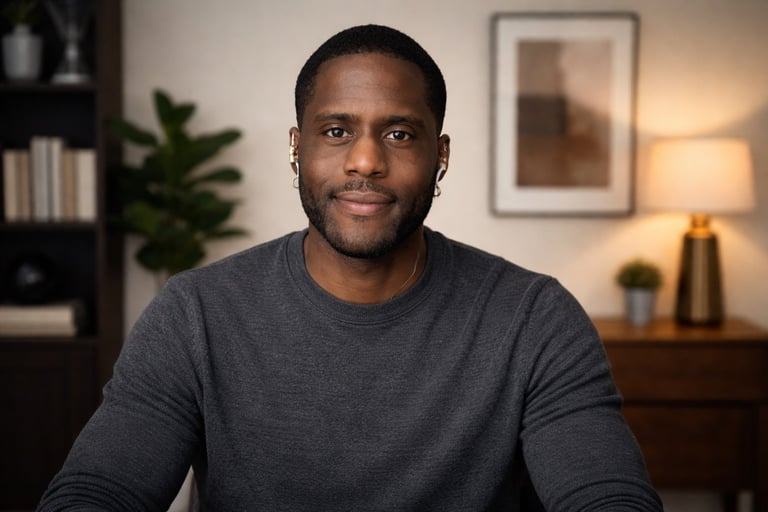 Portrait of a man in a gray t-shirt sitting indoors with shelving, plants, and lamp in the background