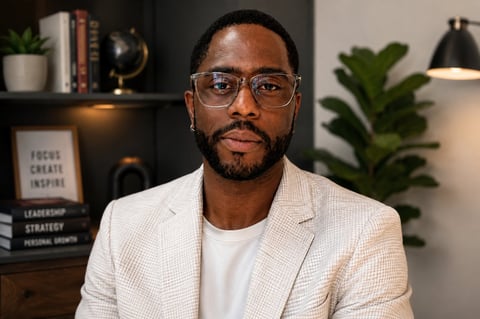 Professional man wearing glasses and light beige blazer in an office setting with shelves, plants, and motivational books behind him