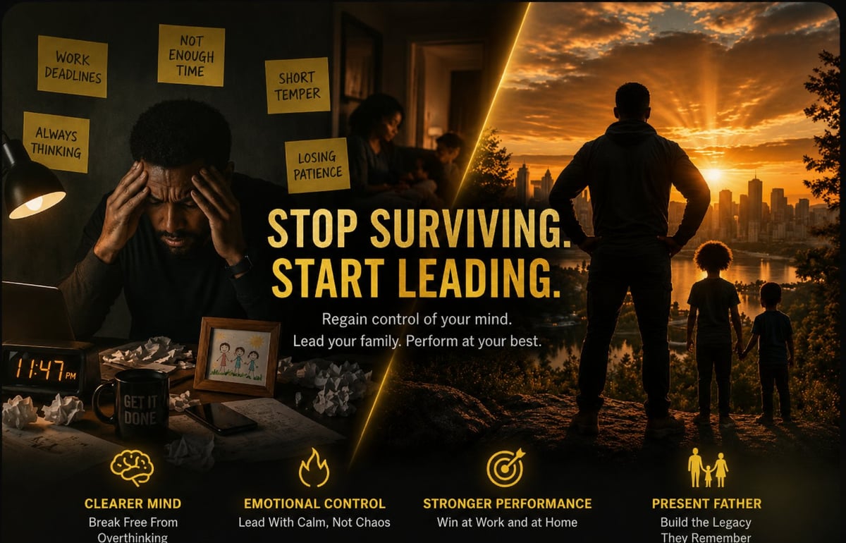 Motivational leadership poster with silhouettes of man and child at sunset overlooking city, featuring text Stop Surviving, Start Leading and four core pillars: clearer mind, emotional control, stronger performance, and present father.