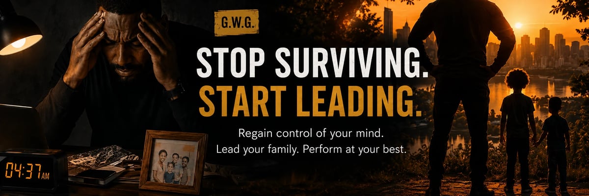 GWB motivational poster with silhouettes of people against a sunset cityscape, displaying Stop Surviving Start Leading message