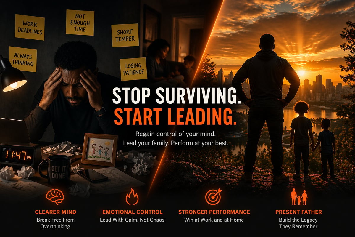 Motivational leadership poster contrasting stressed office worker with confident man leading family at sunset, featuring text Stop Surviving Start Leading and four core principles with icons
