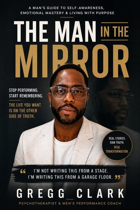 Book cover for The Man in the Mirror by Gregg Clark featuring a man in glasses and blazer against a dark background with gold and white text