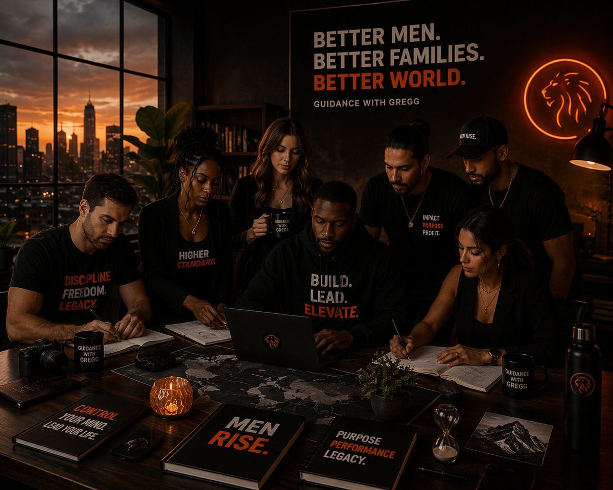 Group of men and women in black shirts gathered around a table at night with city skyline backdrop and neon lion logo on wall