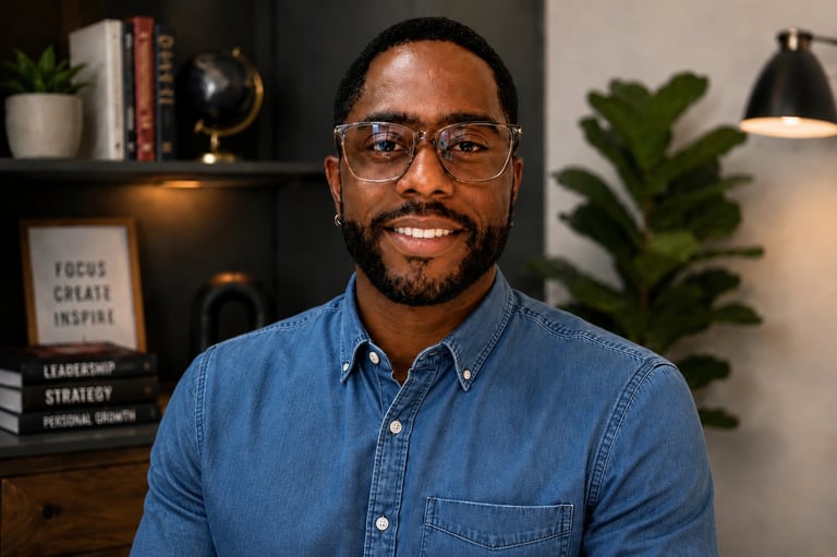 Professional headshot of a smiling man wearing glasses and a blue denim shirt in a modern office with plants and bookshelves