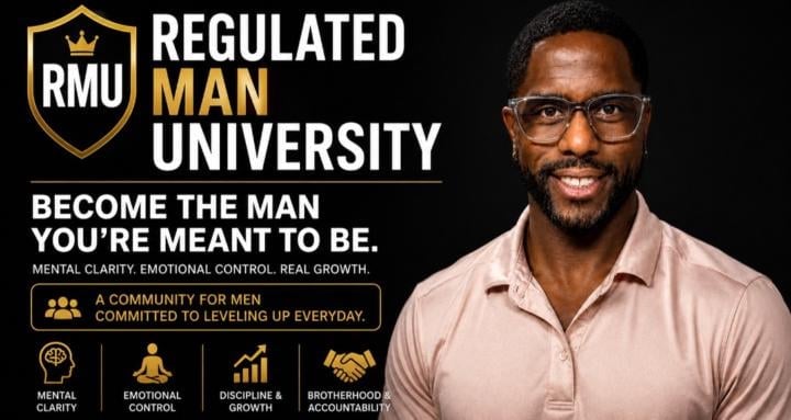Man in pink shirt with glasses smiling next to Regulated Man University logo and tagline Become the Man Youre Meant to Be