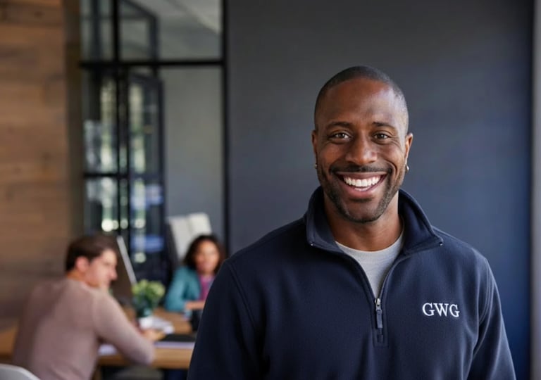 Smiling man in navy GWG jacket standing in office with colleagues working in background