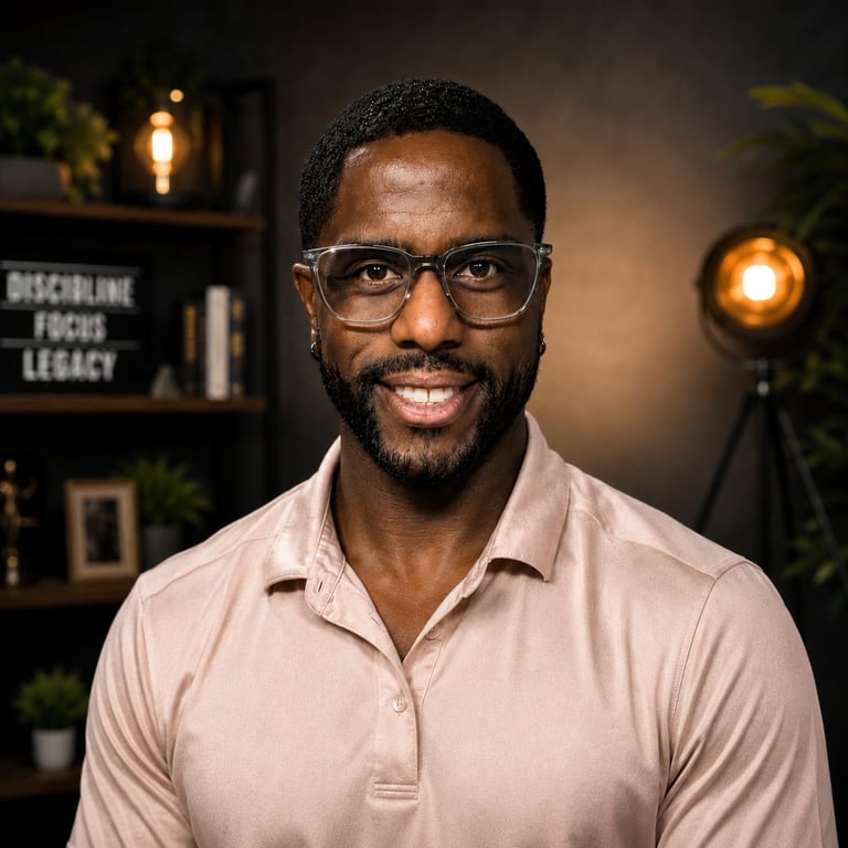 Portrait of Gregg Clark Jr., smiling man wearing glasses and a beige polo shirt against a warm-lit backdrop with shelving and plants